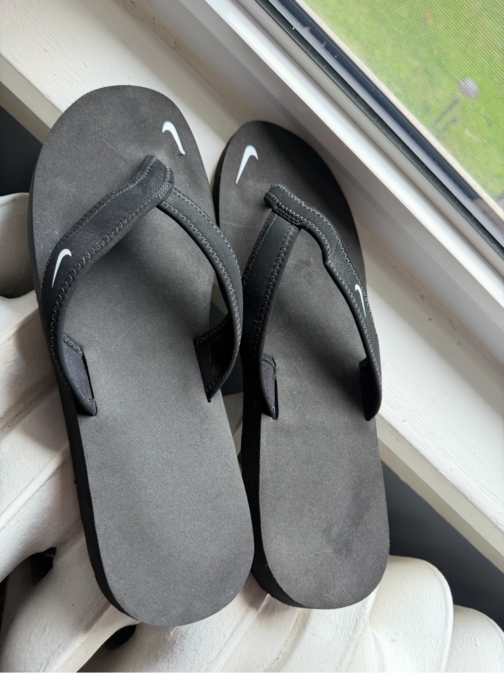 Nike Black Flip Flop Sandals with White Swoosh